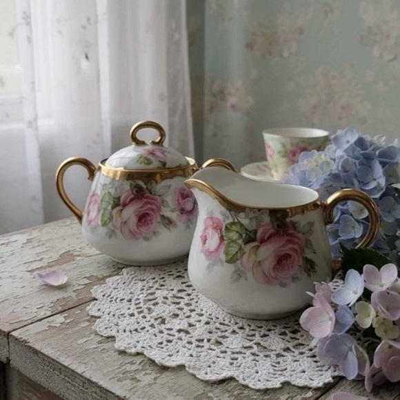 Bavaria Other - Vintage Bavaria J&C Porcelain Sugar Bowl & Creamer Set Pink Roses Gold Trim #117